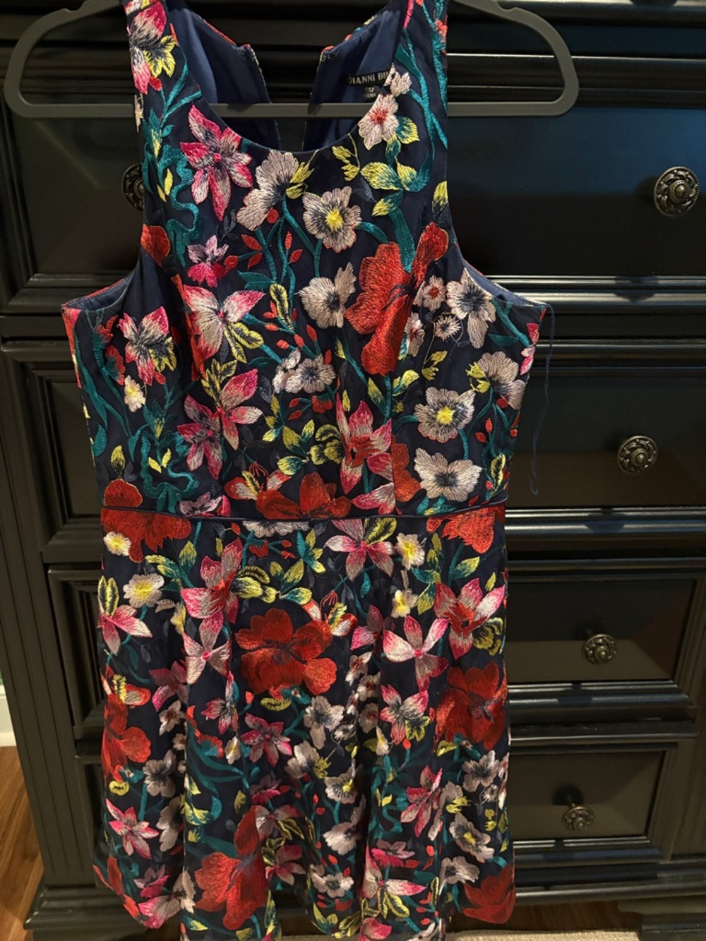 Gianni Bini Navy Floral Embroidered Midi Dress with Multicolor Blooms